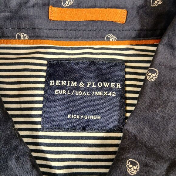 Denim‎ & Flower Ricky Singh Button Up Shirt Men's Large Blue Skull Pattern - Picture 6 of 10